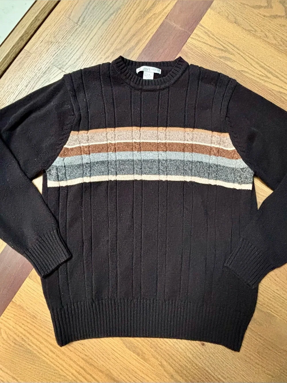 Geoffrey Beene Vintage Cotton Crewneck Sweater Men’s Large Black Striped Knit